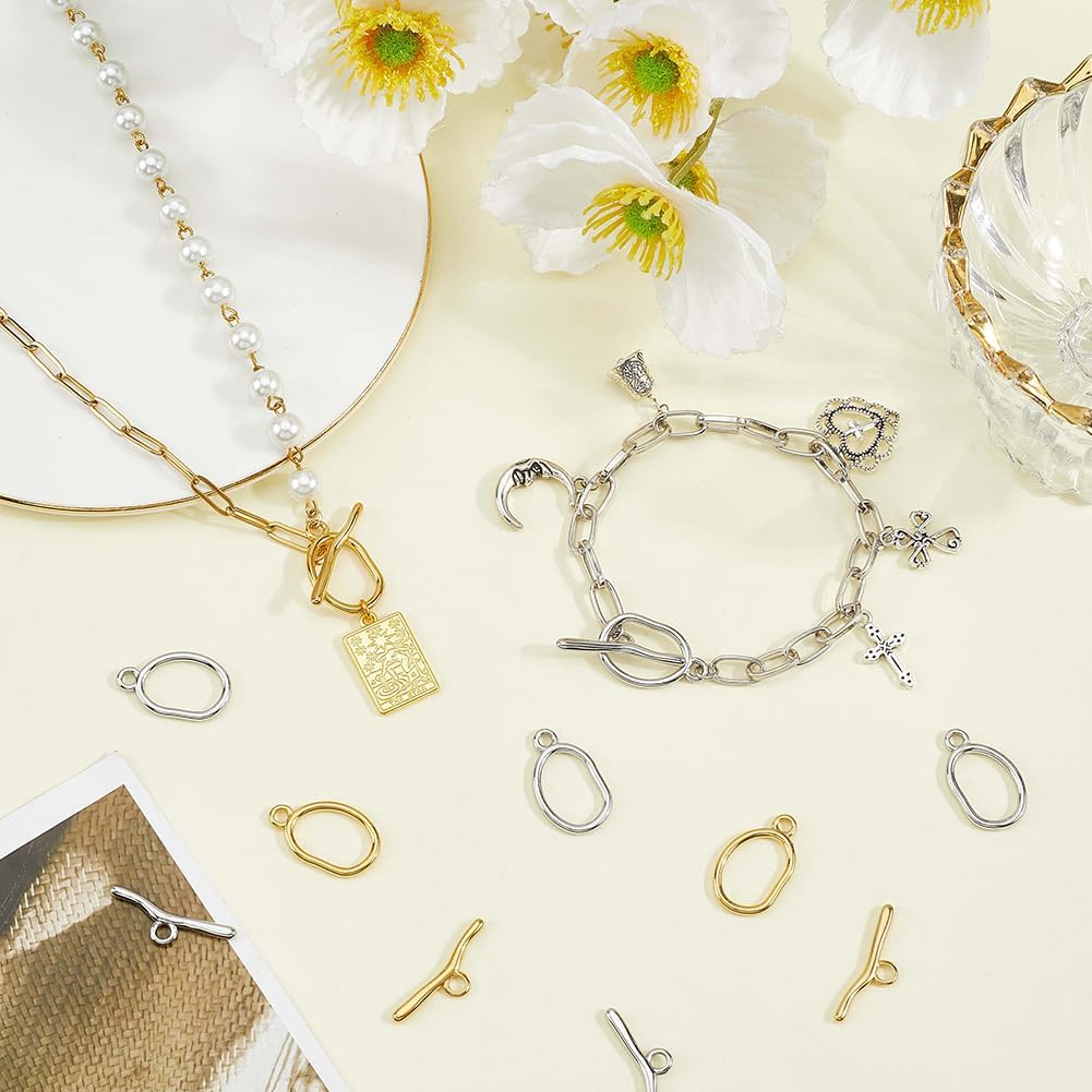 SUNNYCLUE 1 Box 10 Sets Toggle Clasp Ring Jewelry T Bar Closures Gold Silver 304 Stainless Steel Circle Fastener Hook Connectors Toggle Necklace Clasp for Jewelry Making Necklaces Bracelet DIY Crafts