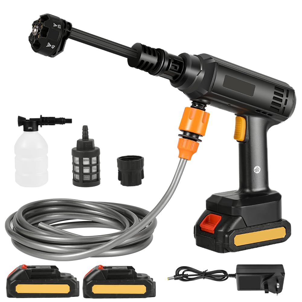 21V 20bar Cordless Pressure Washer, 6000mah Portable High Pressure Water Gun, with 5m Hose, 6-In-1 Multi-Spray Nozzle, High Pressure Washer for Car Floor Patio Garden (2 batteries 1 charger-B)