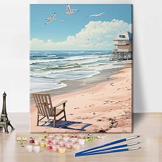 Adult Paint by Number Kits on Canvas, Paint by Numbers, Wooden Chair on The Beach with Seagulls Painting by Numbers Adult Painting-by-Number Kits, DIY Canvas Craft Kits, 16 X20 Inch