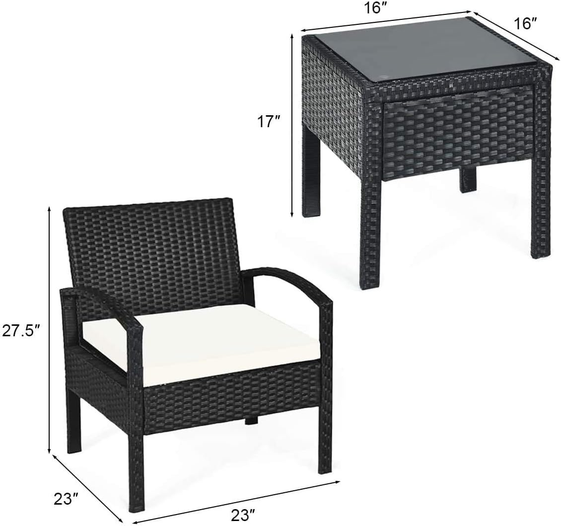 Nightcore 3 Pieces Outdoor Patio Furniture Set, Rattan Conversation Chair Set w/Beige Seat Cushions & Glass Coffee Table, Perfect for Yard Porch Poolside Lawn (1)
