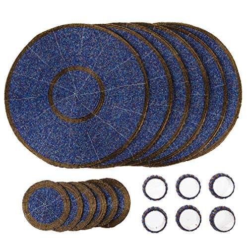 Penguin Home Handcrafted Glass Beaded Round Placemats, Coasters & Napkin Rings Set of 18