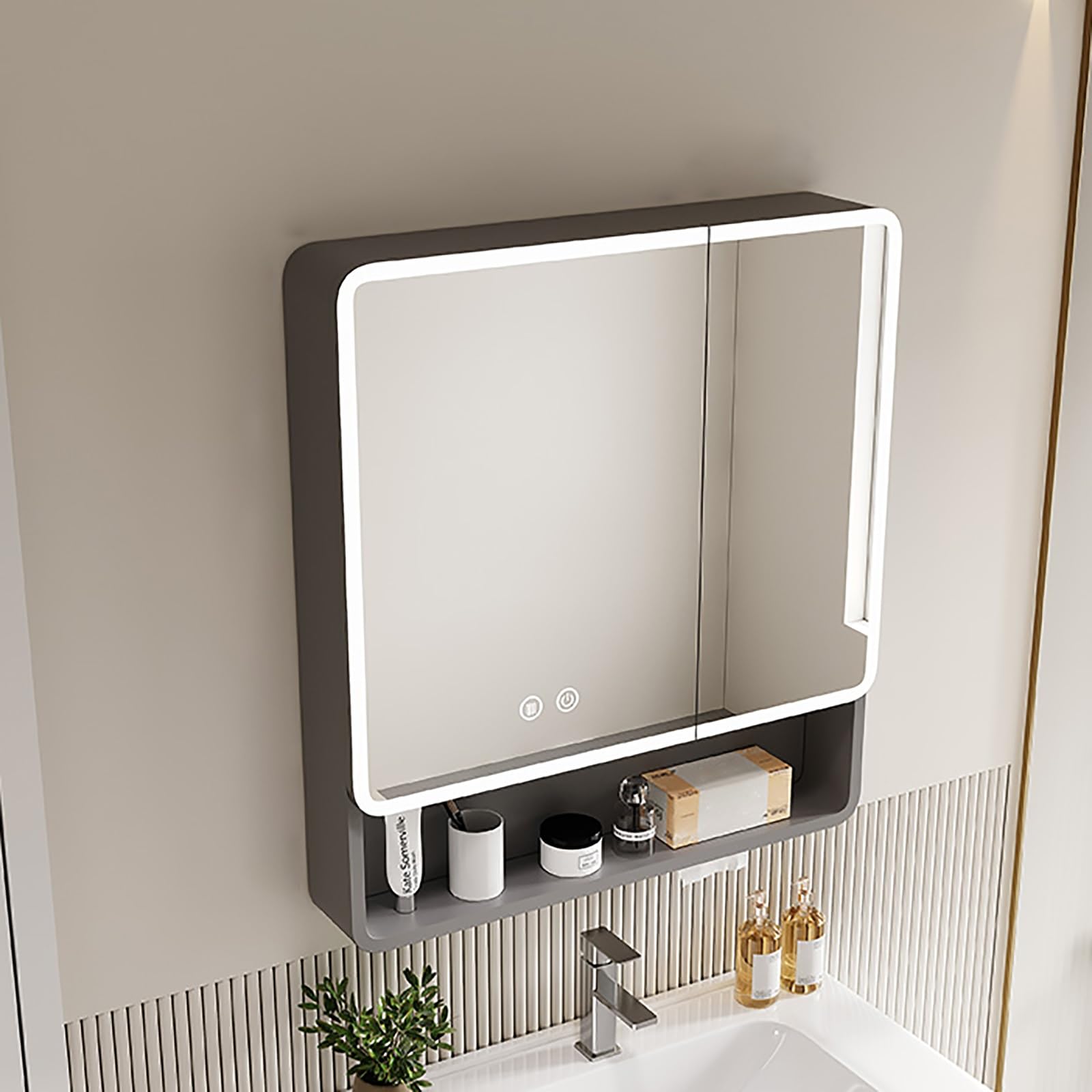 FGXHHS Modern Lighted Cabinet with Anti-Fog Storage Rack, 31.4in Grey Wall-Mounted Medicine for Vanity, Stylish nization Solution.