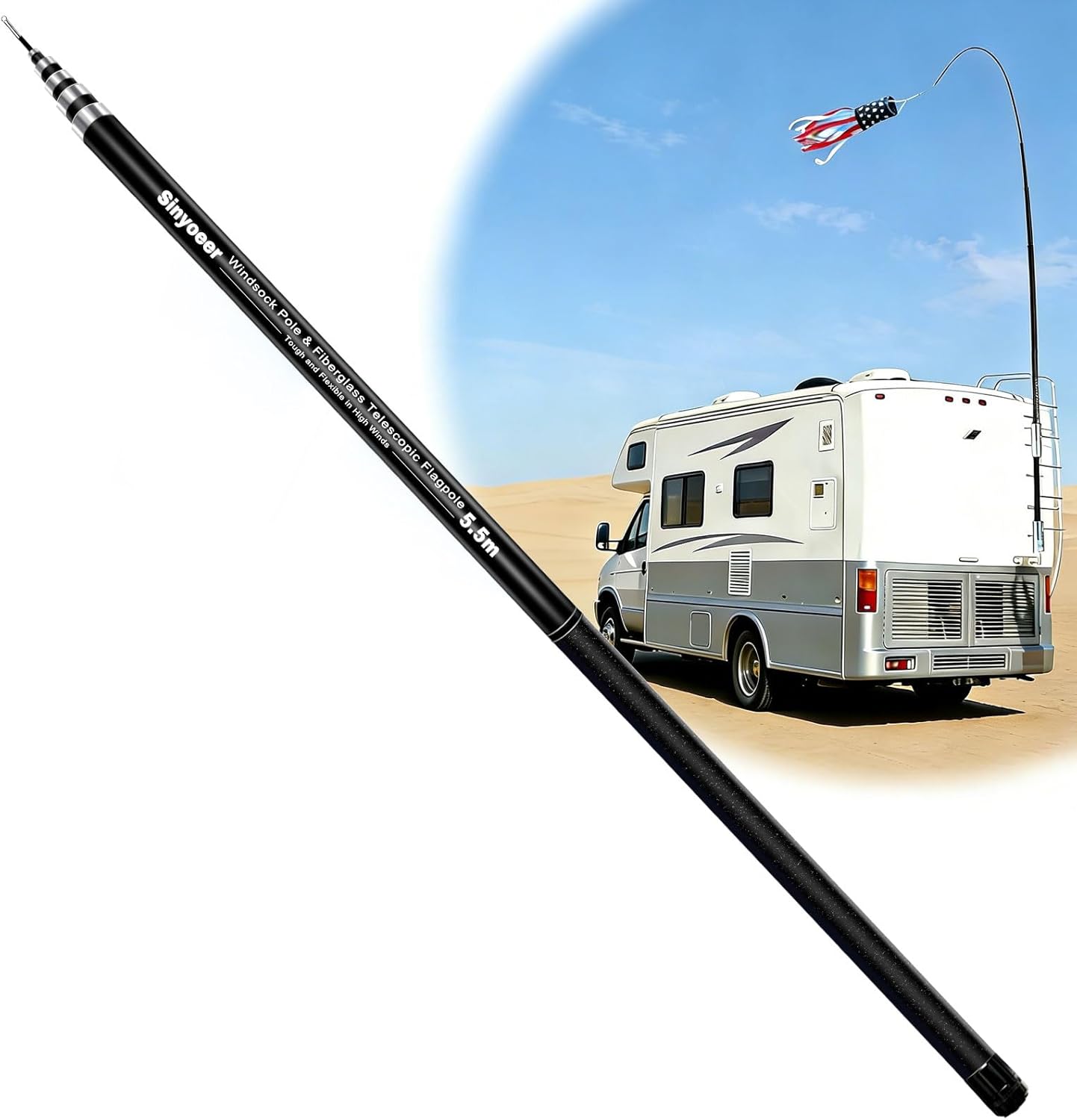 18FT Telescoping Wind Sock Pole, Fiberglass Telescopic Flag Pole Pole for Outdoor RV Farm Parks Airport, Retractable Wind Sockpole (18 FT)