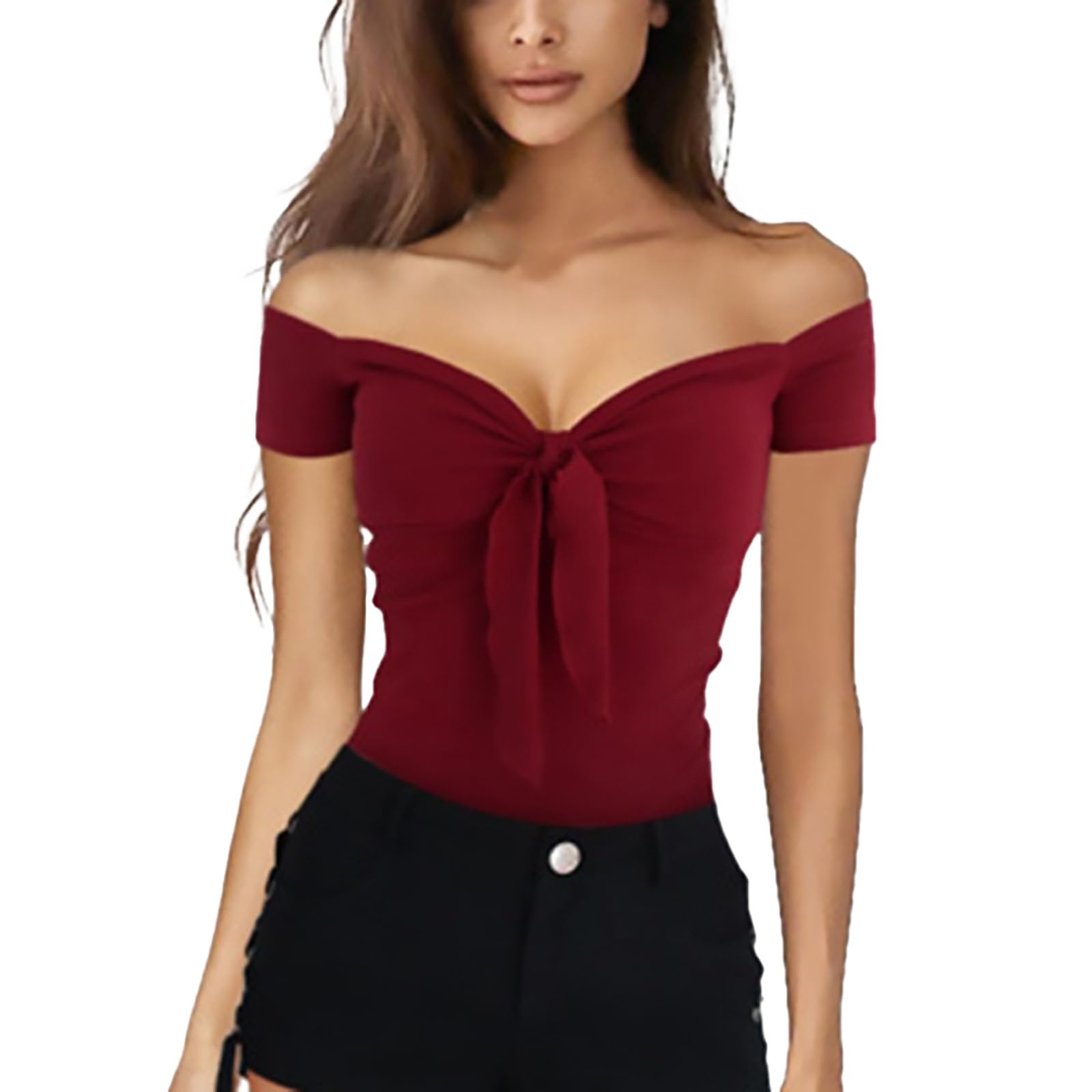 Generic Blusas festivas para mujer elegantes - tops cortantes con cuello en V profundo tops hombros descubiertos monocolor sólido camiseta básica camiseta de tirantes ajustada camiseta de verano camiseta
