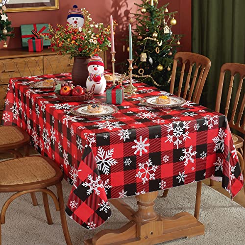 SASTYBALE Christmas Tablecloth Rectangle Vinyl with Flannel Backing, Buffalo Plaid Snowflake Print, Waterproof & Heavy Duty Plastic Table Cover for Dining, Party, Holiday, 52 x 70 Inch Red and Black