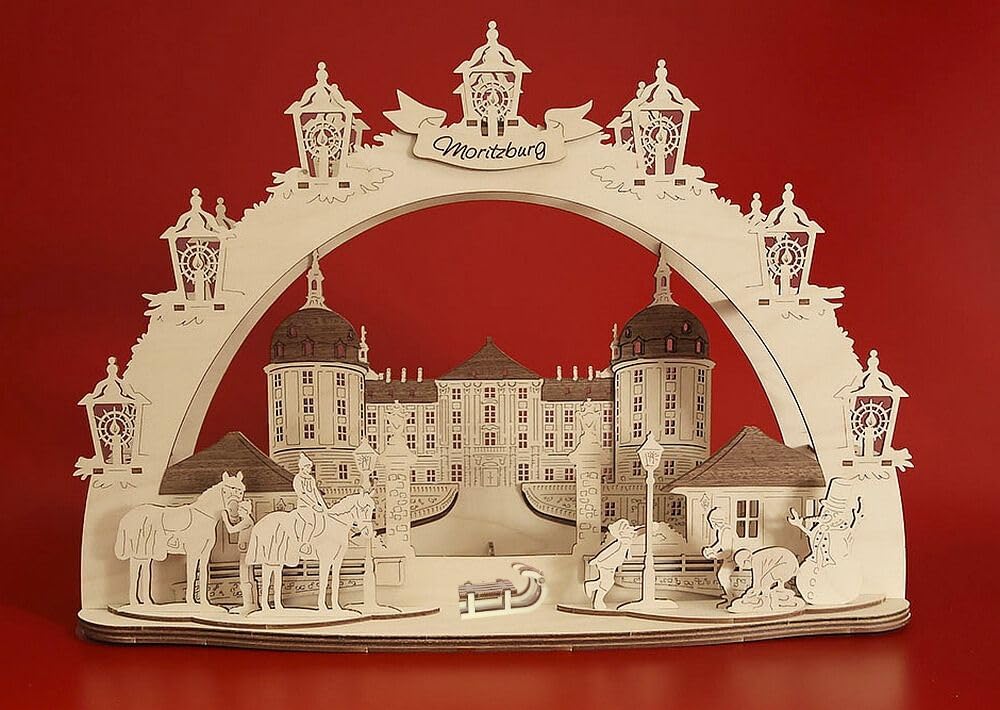 3D LED Schwibbogen Dresden Schloss Moritzburg - Holzkunst aus Sachsen - mit Netzkabel | Lichterbogen Weihnachten