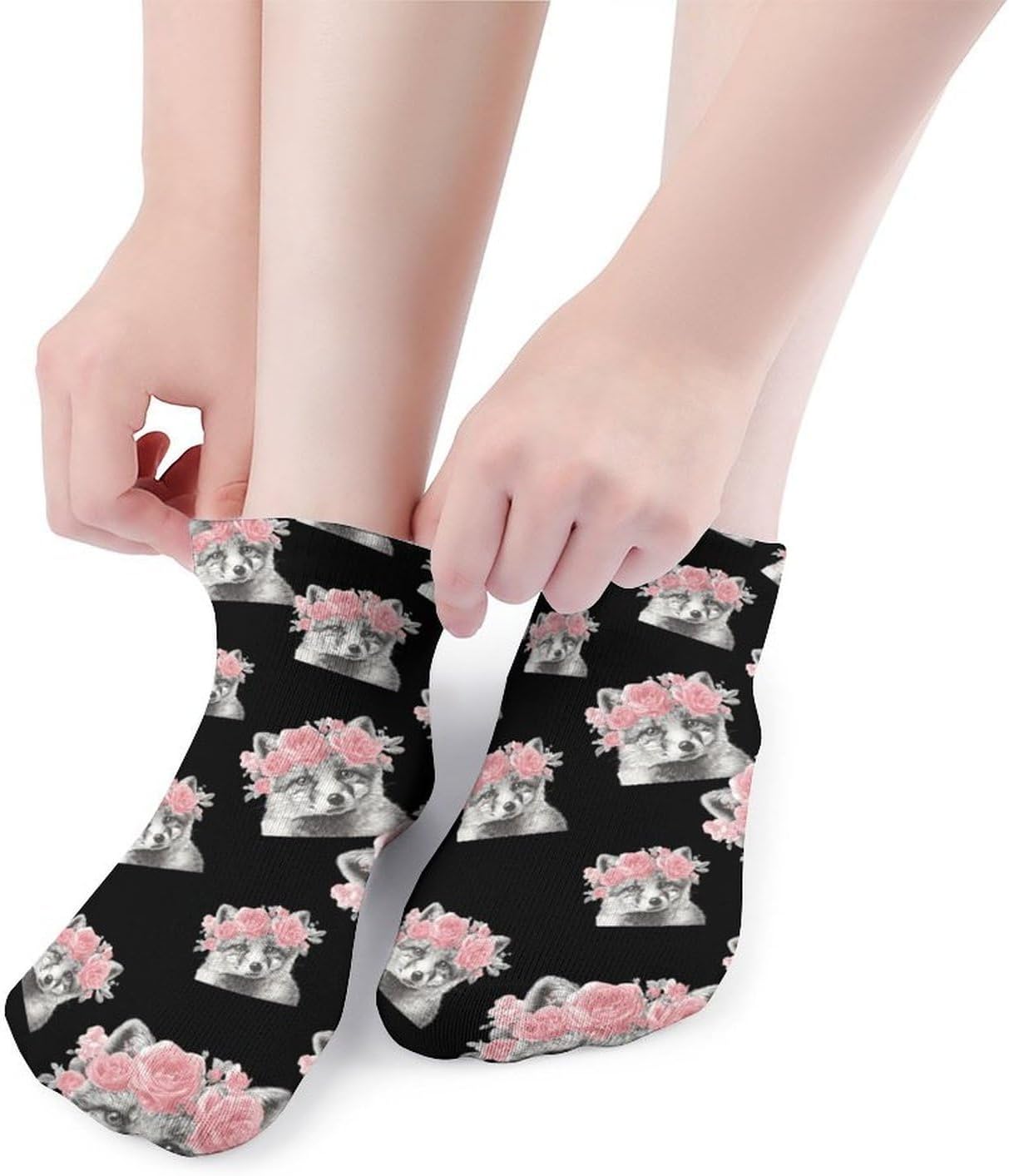 Fox with Roses No Show Ankle Socks Low Cut Non Slip Flat Boat Line 5 Pairs Set