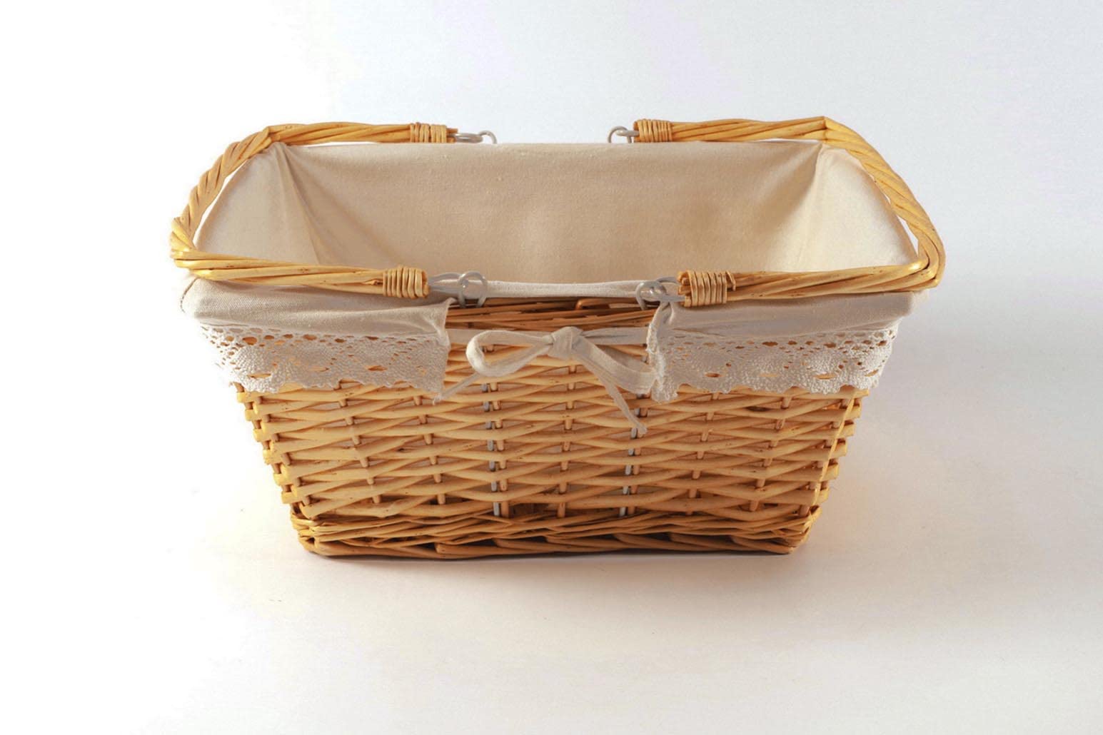 Kobolo Klappbügelkorb Weidenkorb mit Klapphenkeln eckig Textilfutter mit Häkelborte - braun - 40x30x19/34H cm
