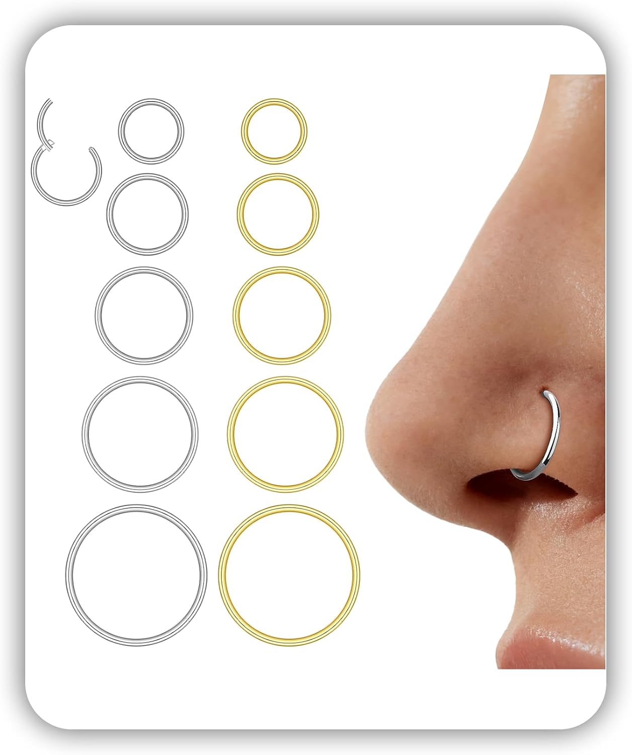 Hypoallergenic 10PCS 16G Large Nose Rings Hoops Set for Women Men, Gold/Silver 316L Surgical Stainless Steel Nose Hoops Hinged Clicker Earrings for Nose Cartilage Body Piercing Jewelry 8/10/12/14/16mm