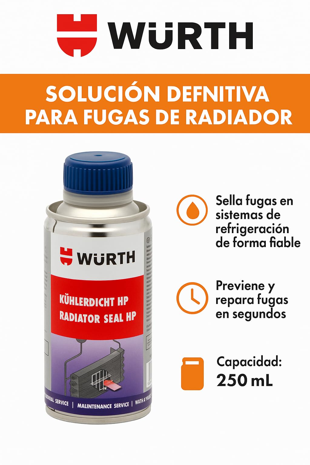 Wuerth WURTH Tapafugas Radiador, Sellador de Fugas para Refrigerante de Motor, 150 ml, para 10 L de Anticongelante.