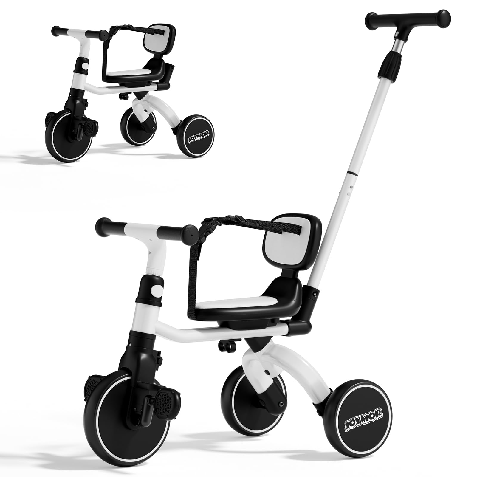 JOYMOR 5 in 1 Tricycle for Toddlers 1-3 Years Old, Baby Tricycle with Adjustable Push Handle, Safety Harness, Birthday Gift and Toy for Boys and Girls (Black)