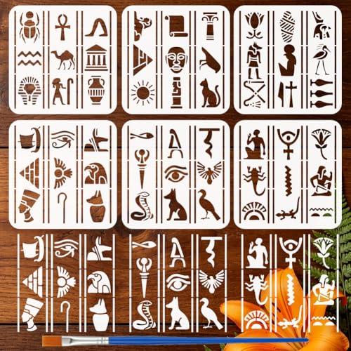 FINGERINSPIRE 6 Pièces Pochoirs de Hiéroglyphes Égyptiens avec Pinceau 20x20cm Gabarit de Motif de Hiéroglyphes sur le Thème de l'Égypte Ancienne pour...