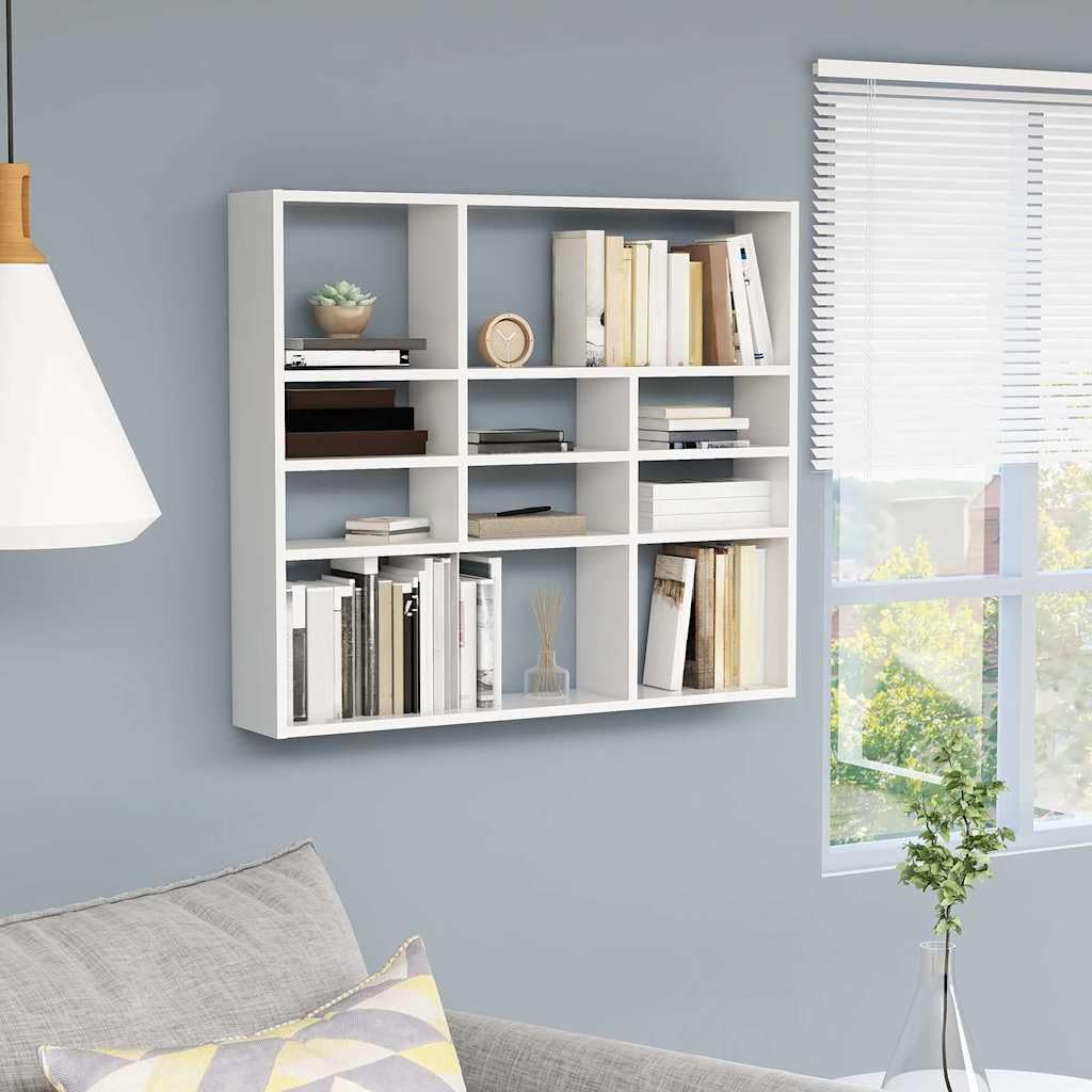 Estantería de pared blanca de madera 90 x 16 x 78 cm con 10 compartimentos abiertos, soporta hasta 40 kg, estantería flotante para salón, cocina, baño, sistema versátil de pared para montaje