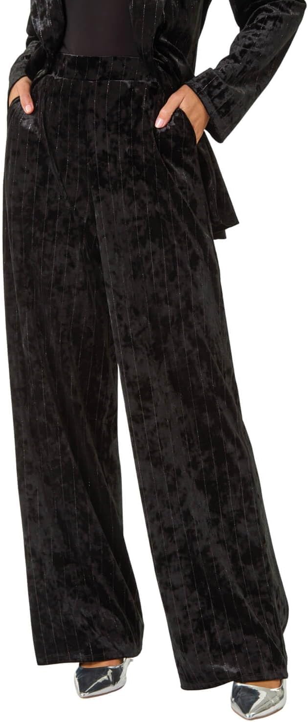 Roman Wide Leg Velvet Stretch Trousers for Women UK - Ladies Autumn Everyday Winter Holiday High Waisted Comfy Pull On Soft Pants Warm Feel Bottoms