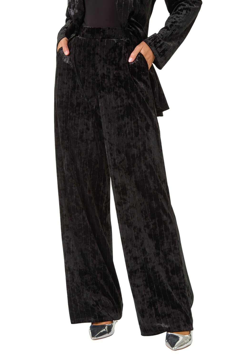 Roman Wide Leg Velvet Stretch Trousers for Women UK - Ladies Autumn Everyday Winter Holiday High Waisted Comfy Pull On Soft Pants Warm Feel Bottoms