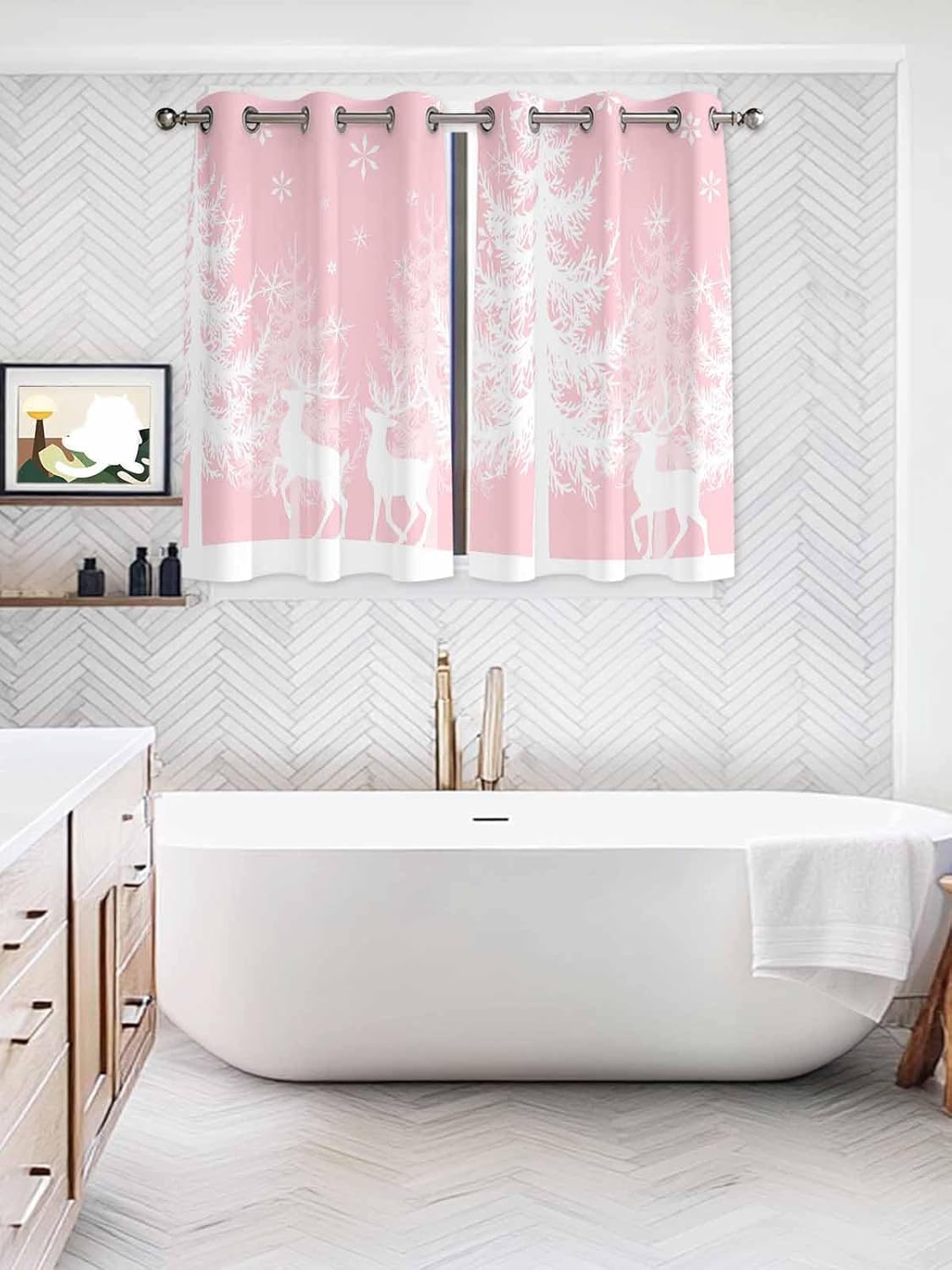 Grommet Top Window Curtains, Christmas Winter Snowflake Tree Elk Pink Durable Light Blocking Windows Drapes for Kitchen/Bedroom/Living Room, Window Treatments Curtain Set of 2 Panels 42x63 In