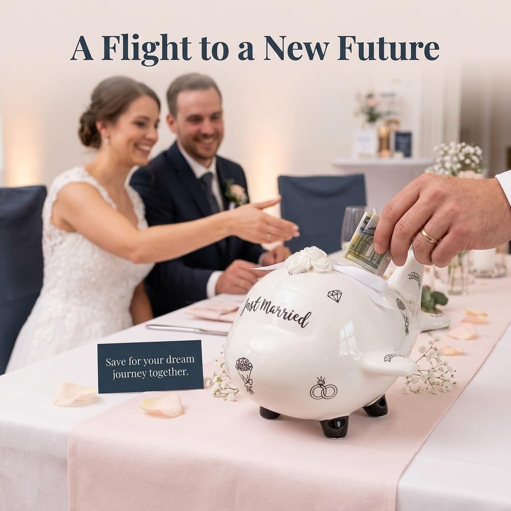 MIJOMA Salvadanaio per matrimonio a risparmio di matrimonio: salvadanaio originale con lucchetto, Just Married in ceramica, perfetto per coppie sposate e volpi (aereo nuziale)