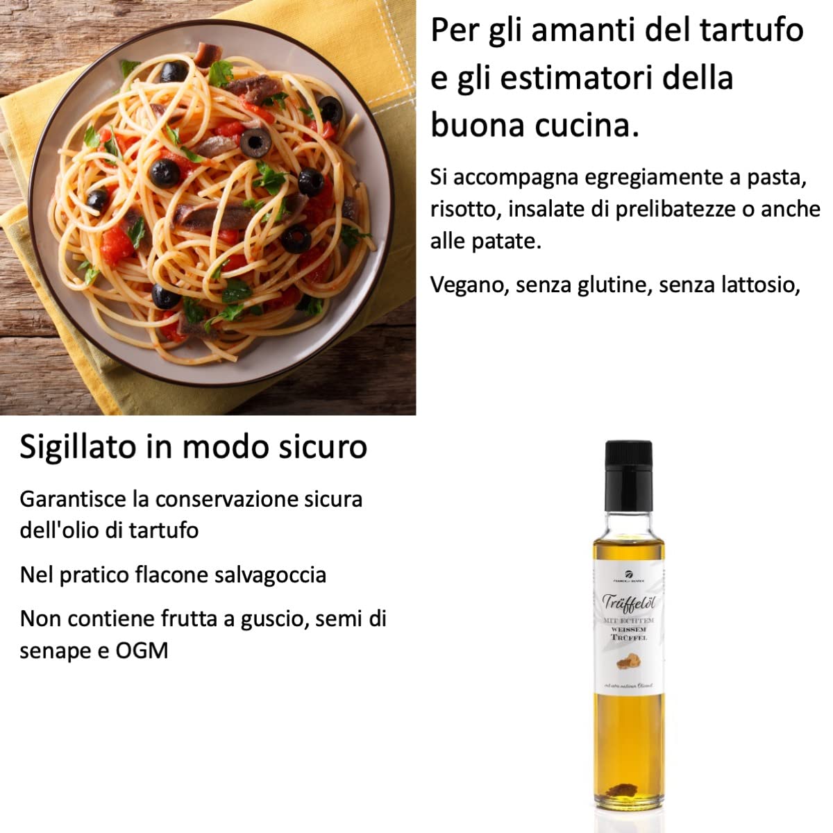 Olio al tartufo con vero tartufo 250 ml. Realizzato in olio extravergine di oliva, per salse e per affinare i piatti. Adatto per una dieta vegana e senza glutine (tartufo bianco, 250 ml)