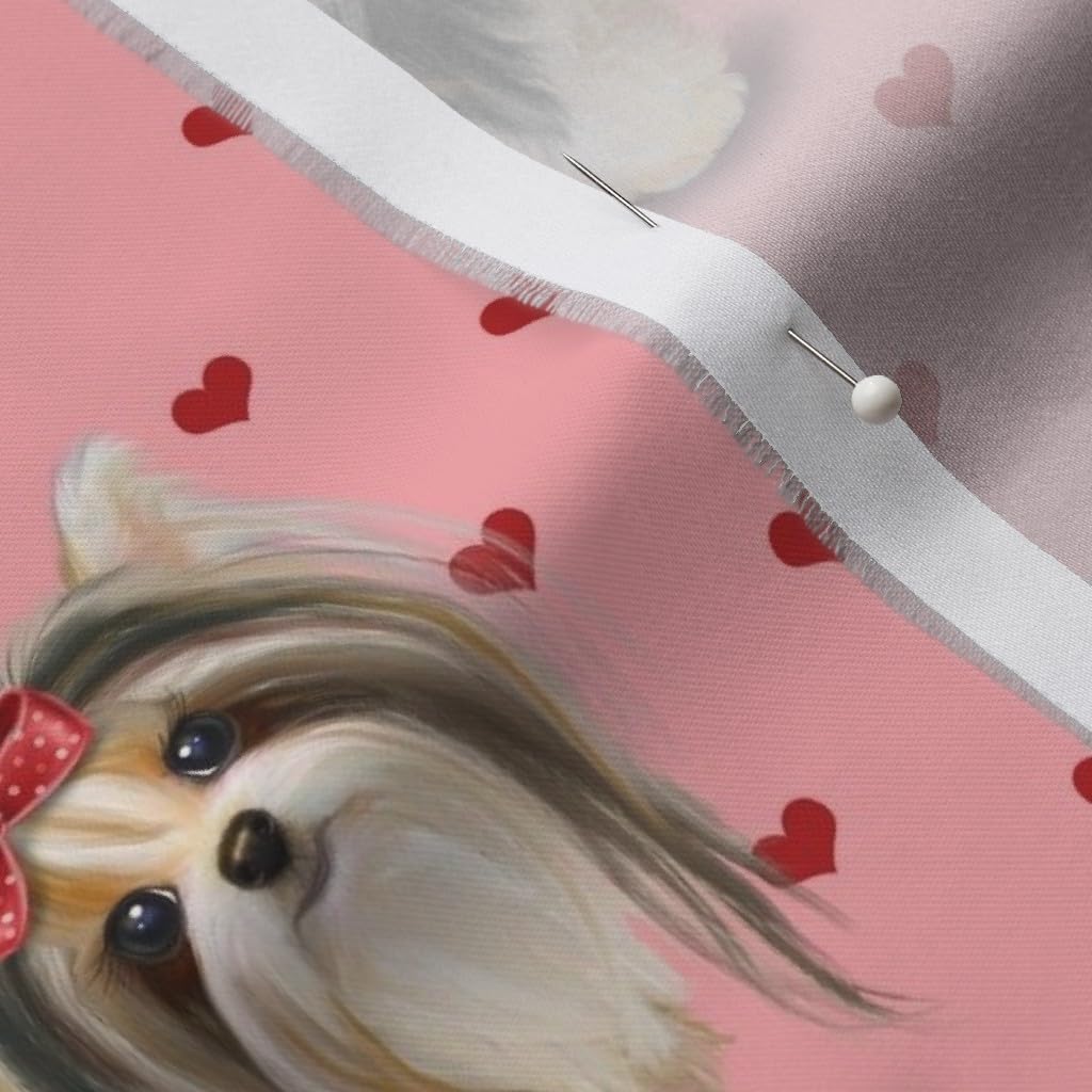 Spoonflower Fabric - Biewer Yorkie Pink Hearts Yorkshire Dog Puppy Printed on Organic Cotton Sateen Fabric by The Yard - Sewing Quilting Apparel Home Decor