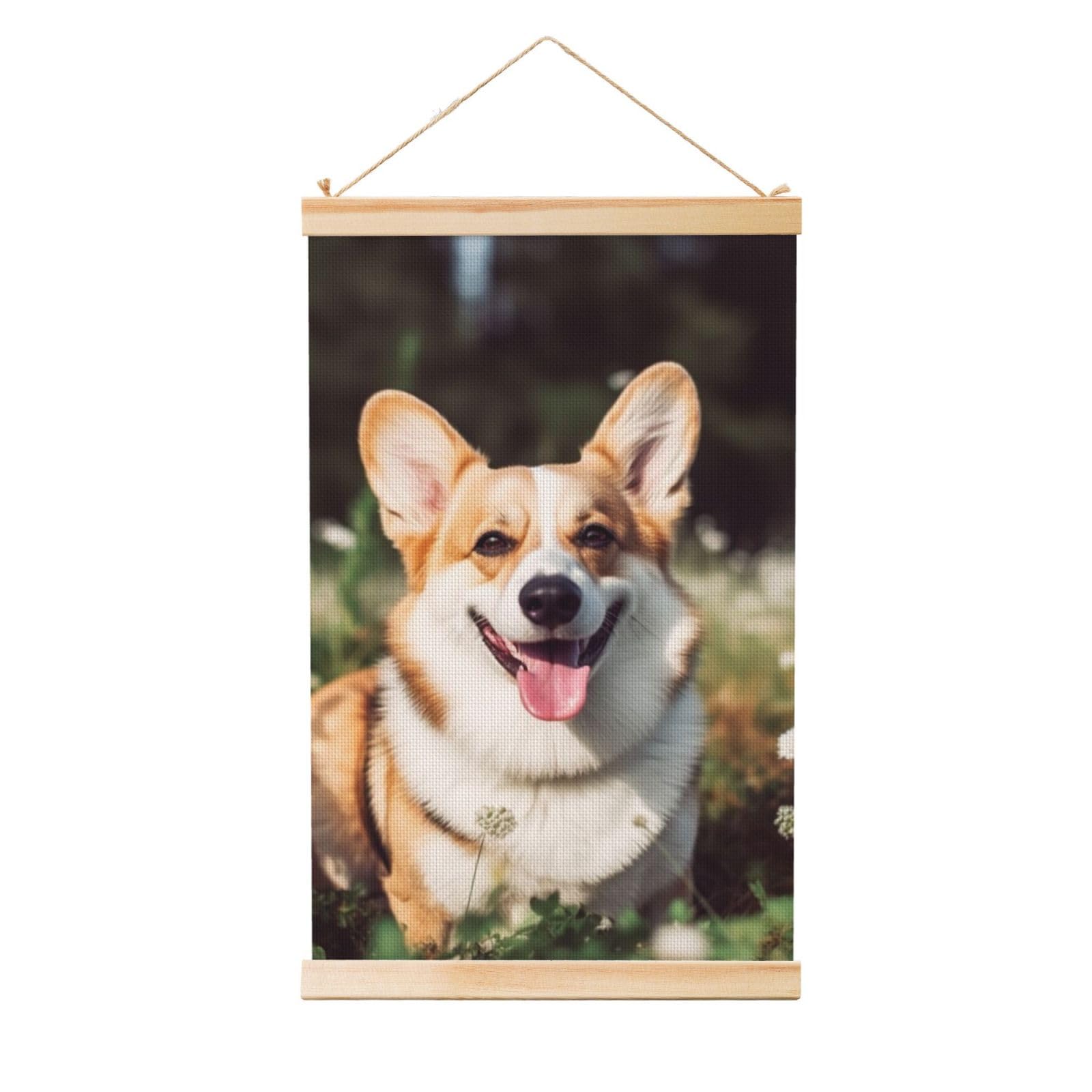 Happy Corgi Dog Posters Wooden Shaft Hanging Poster Canvas Prints Scroll Wall Art Painting Vintage Wall Banner Modern Artwork Decor for Home Decor Ready to Hang 12"x18"