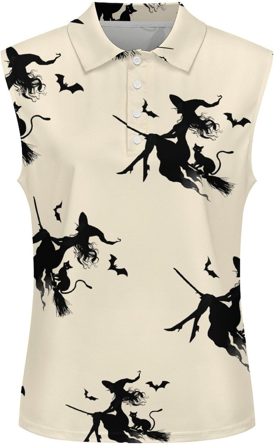 Witch on Broomstick and Black Cat Silhouette Womens Sleeveless V Neck Golf Polo Shirts
