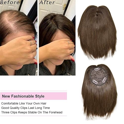 Miniatura 6 de Extensiones de cabello humano Remy con clip, lacio, con flequillo, para mujer, con cabello delgado, postizos de corona (2# marrón oscuro)