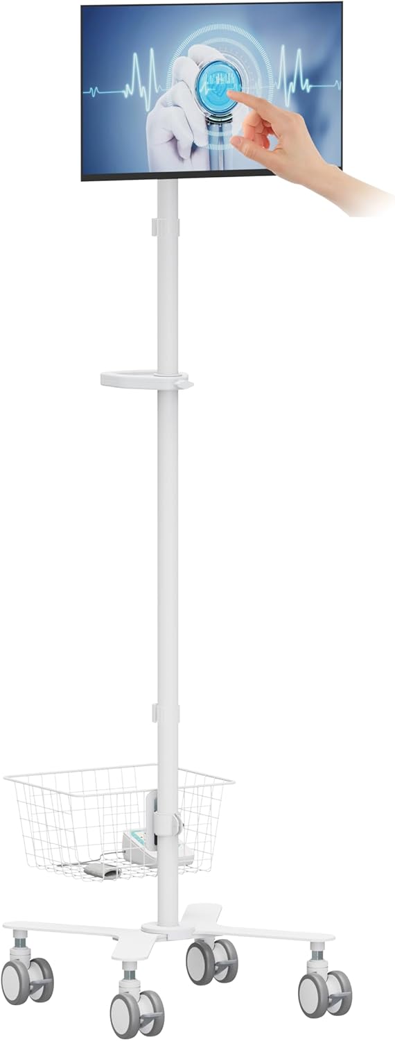 Mount Plus C09 Height Adjustable Mobile Medical Computer Monitor Display Cart with Wheels and Basket Storage | Medical Trolley for Hospital Clinic lab Beauty Salon | Pneumatic Mobile Workstation