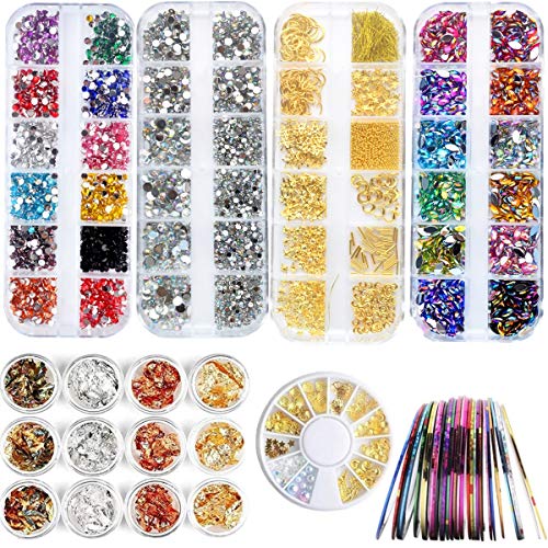 Umillars Nail Art Rhinestones & Stickers Kit - Clear AB Nail Diamond Crystal Colour Flat back Horse Eye Rhinestones Gems Metal Nail Rivets Studs with 30 Colors Nail Art Tape Chip Foil