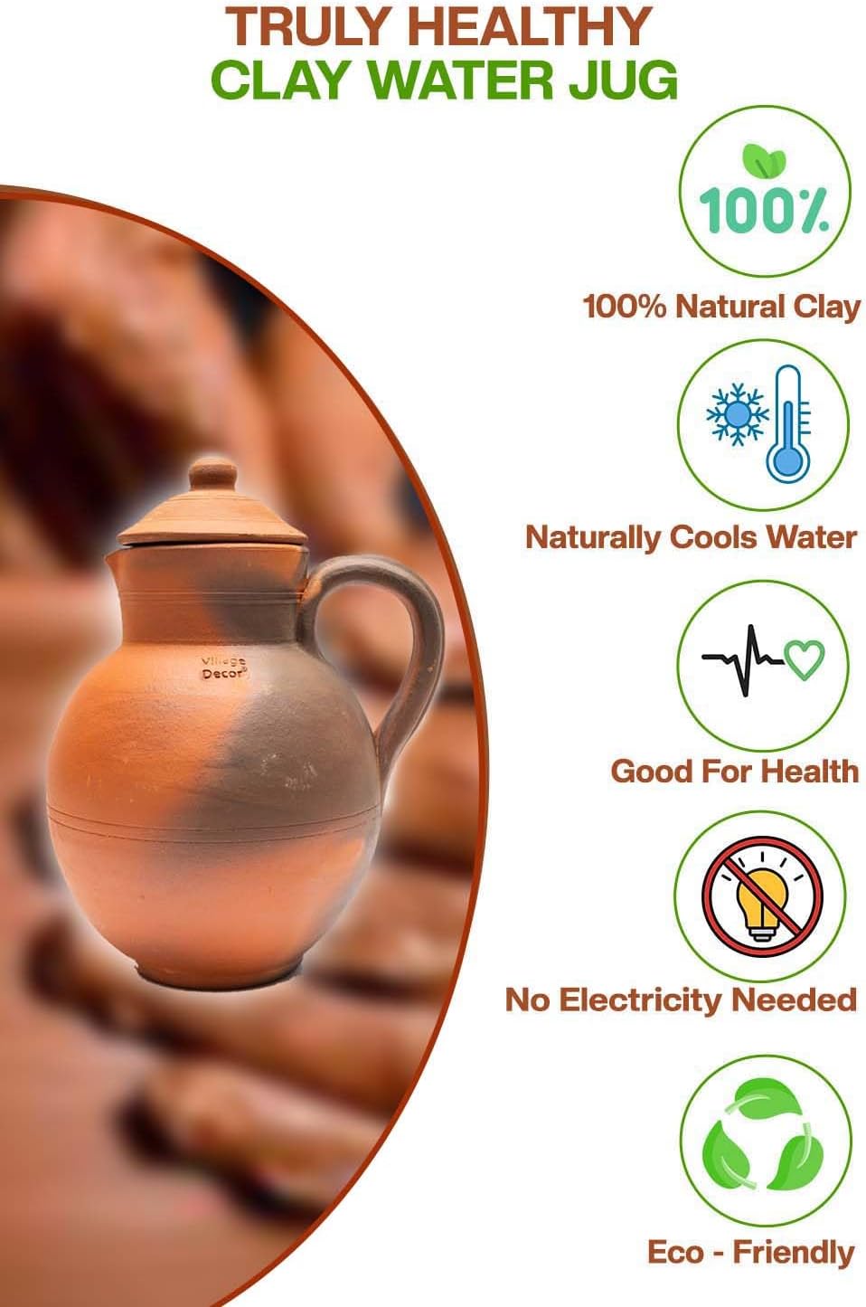 Village Decor Handmade Clay Water Jug With Lid | Carafes Pitcher Capacity 67 oz 2000 ml.