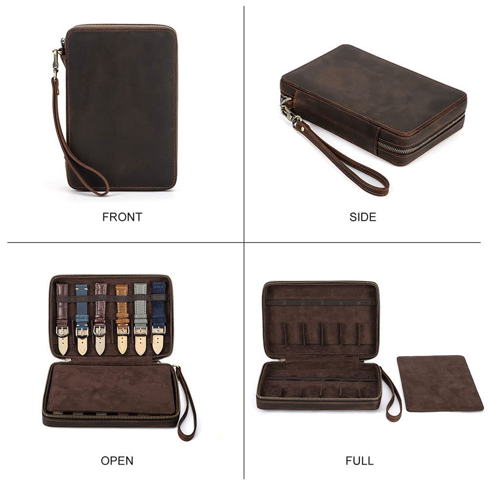 Contacts Custodia in pelle da viaggio con 12 scomparti per orologi da uomo, organizer per cinturini per orologi da uomo, compatibile con la maggior parte dei cinturini