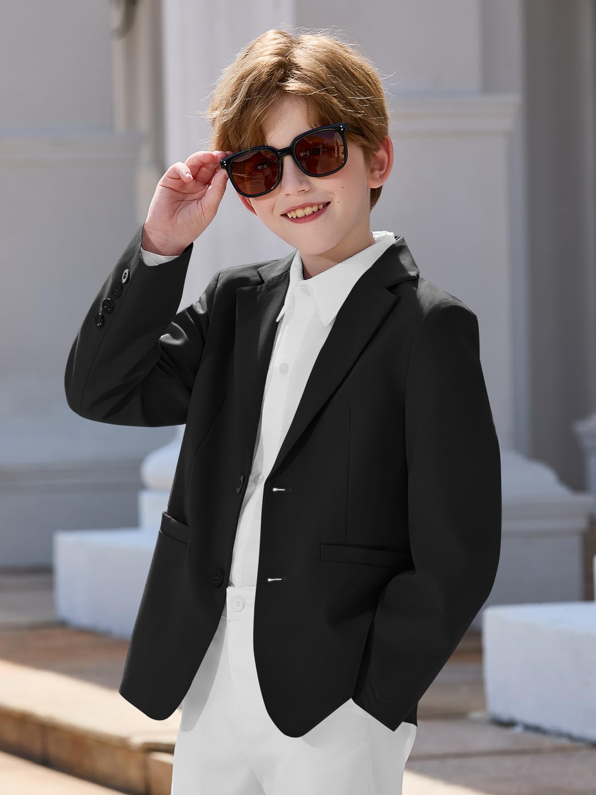 Haloumoning Jungen-Blazer, Kinder, lässig, zwei Knöpfe, Sportmäntel, Anzugjacke mit Taschen, 5–14 Jahre