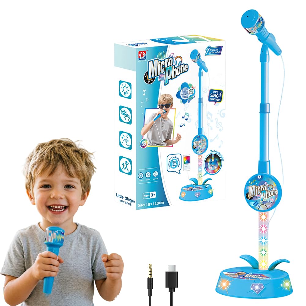 KQWVZ Kids Microphone and Stand 2026, Adjustable Kids Karaoke Machines with Flashing Stage Lights, Stand Up Kids Microphone Stands, Microphone-Stand Kids,Sing Musical Toys for Birthday Gift