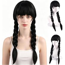 Long Black Braided Pigtails Wigs Halloween Costume Wigs with Flat Bangs