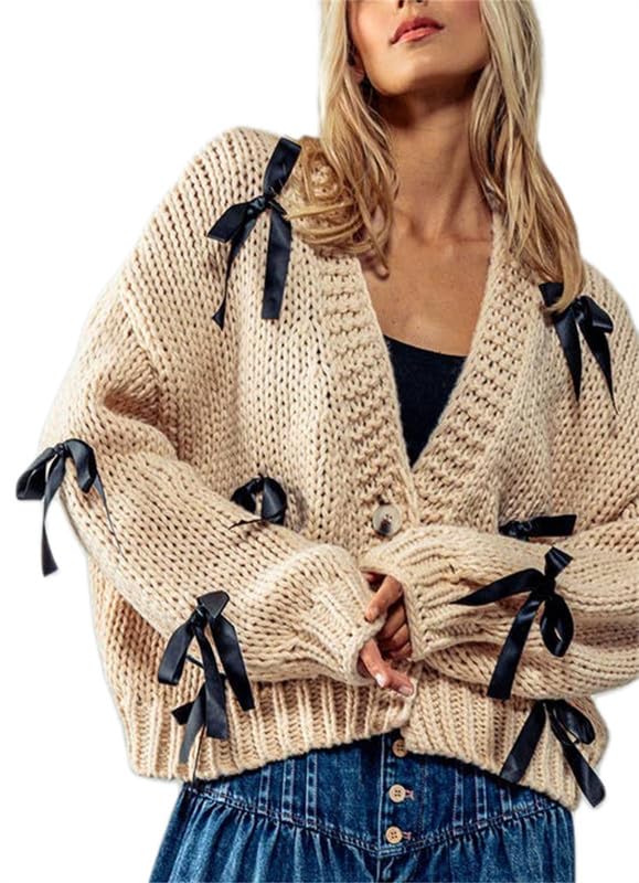 Thopavenoir Women's Y2k Bow Trim Cardigan Sweaters Long Sleeve Button Down Knit Jacket Oversized Pullover Coats Knitwear