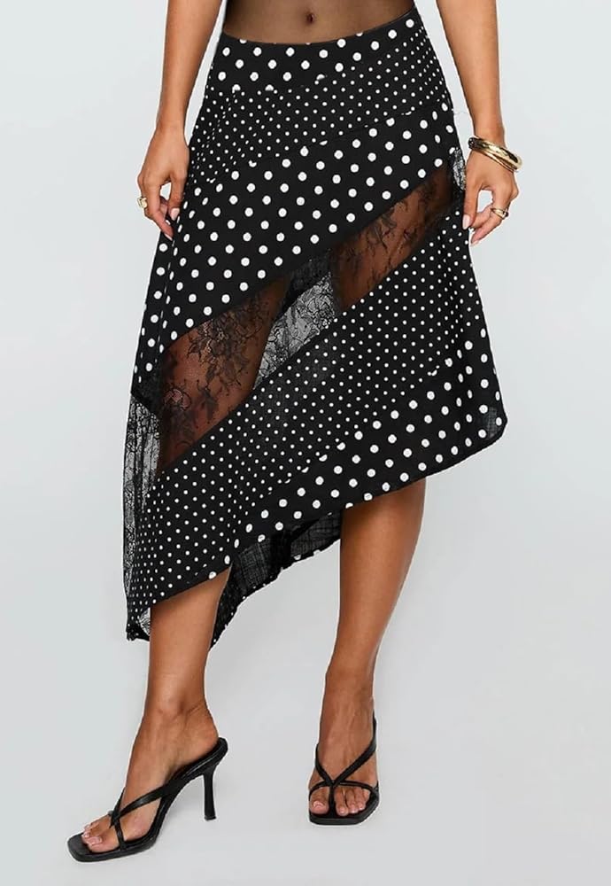 Women Lace Patchwork Maxi Skirt Polka Dot Midi Skirt