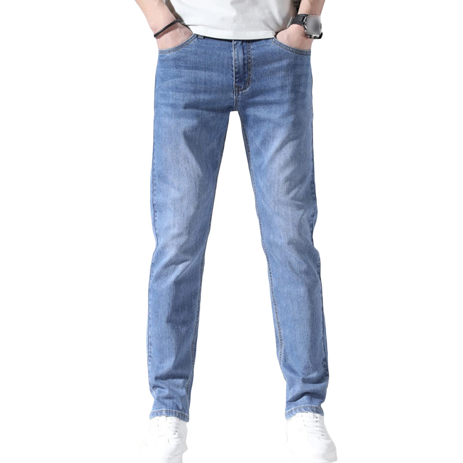 Mens Slim Fit Skinny Stretch Jeans Classic Retro Straight Leg Denim Pants Washed Distressed Comfy Jean Trousers