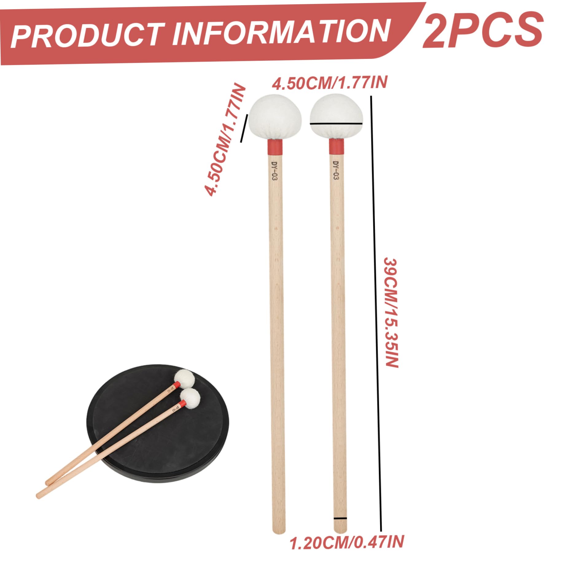 Mallet per Timpani, 2 Pezzi, Mallet per Batteria da 15 Pollici con Testa in Feltro e Manico Lungo, Strumento a percussione di Ricambio per Allenamento, per Performance, per percussi