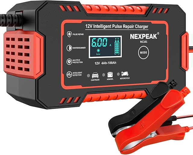 6-Amp Car Battery Charger, 12V and 24V Smart Fully Automatic Battery Charger with Temperature Compensation for Car Truck Motorcycle Marine Lead Acid Batteries