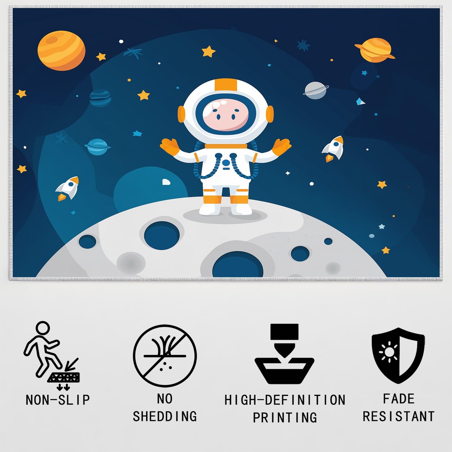 Générique Dywan nadający się do prania w pralce salon 120 x 160 cm Cartoon Dywan Przestrzeń Niski Włosie Miękkie Antypoślizgowe Śliczne Astronauta Rakieta Planeta Sypialnia Kuchnia Wejście Pokój