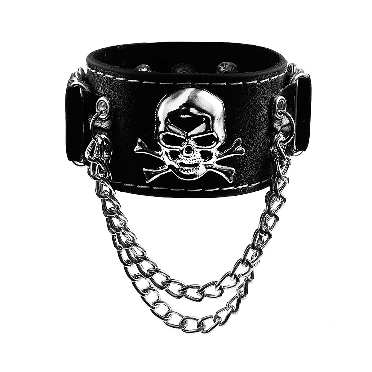 Eigso Black PU Leather Cuff Skull Biker Bracelet Wristband for Women Men Chains Bangle Adjustable