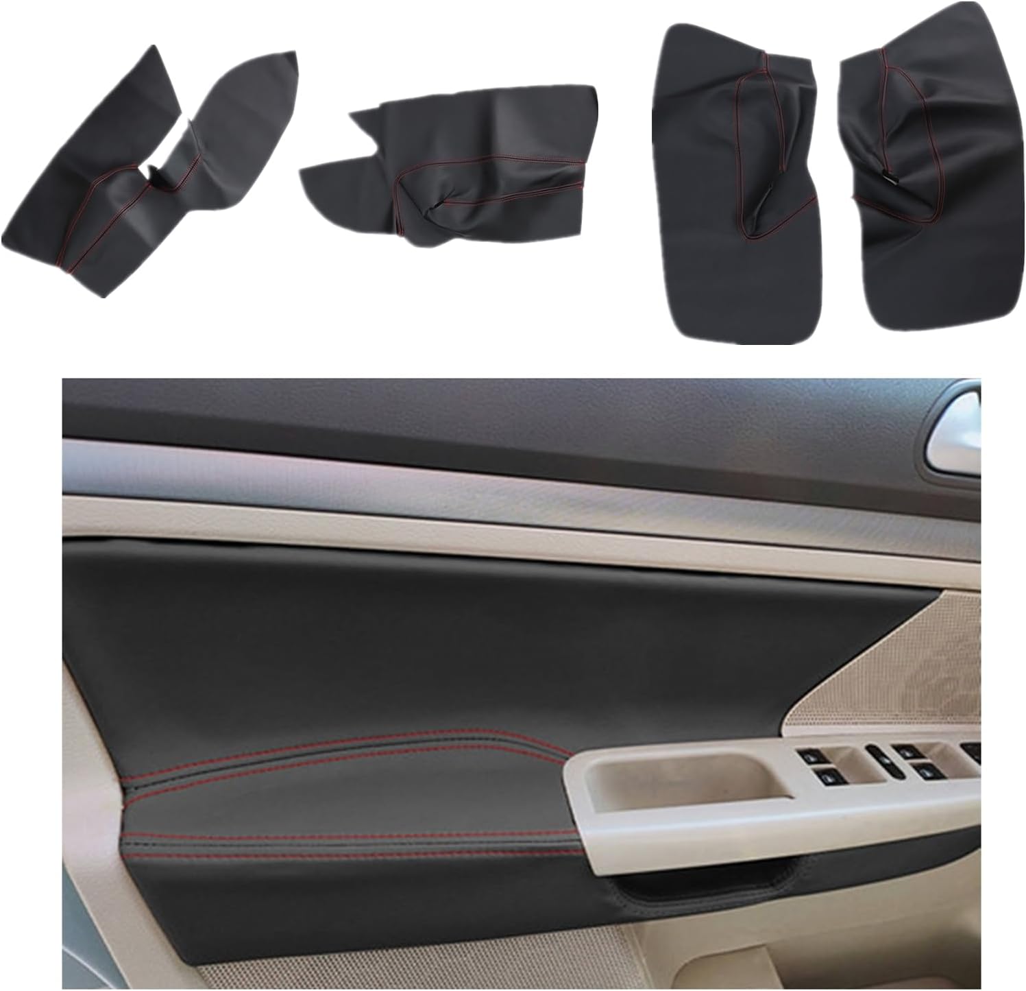 FZJDSD 4Pcs Black Microfiber Leather Inner Door Panel Cover Pads Replacement Compatible with VW Jetta Golf MK5 2005 2006 2007 2008 2009 2010 with Red Stitching