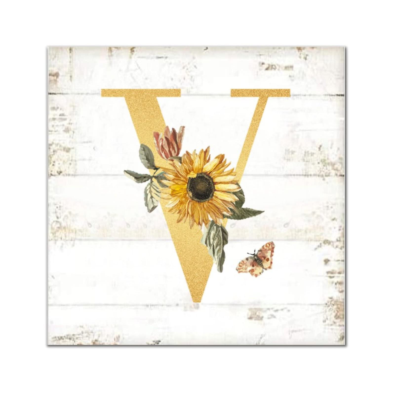 Lettre V en bois rustique avec tournesol pour illuminer votre salon ou chambre 40cm