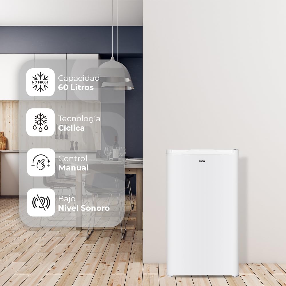 Svan Congélateur Vertical Blanc SCV85502E. Capacité Nette 60 Litres, Système Cyclique, 4 Étoiles, Porte Réversible, Contrôle Manuel, Faible Niveau Sonore, Classe Énergétique E