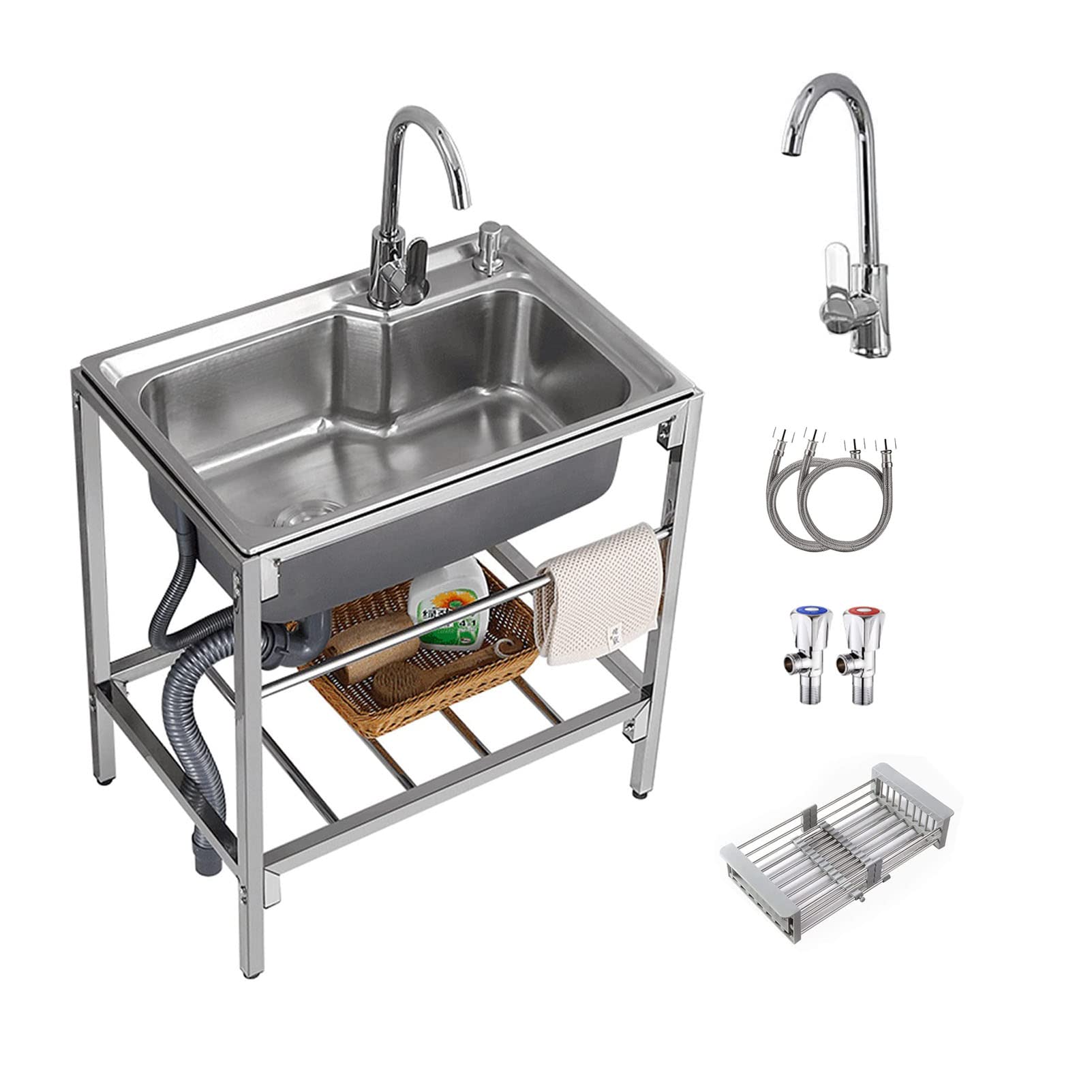 HYSOPSPX Utility Sink Stainless Steel Commercial Catering 1 Compartment Free Standing Set with Faucet for Laundry Room Backyard Garage