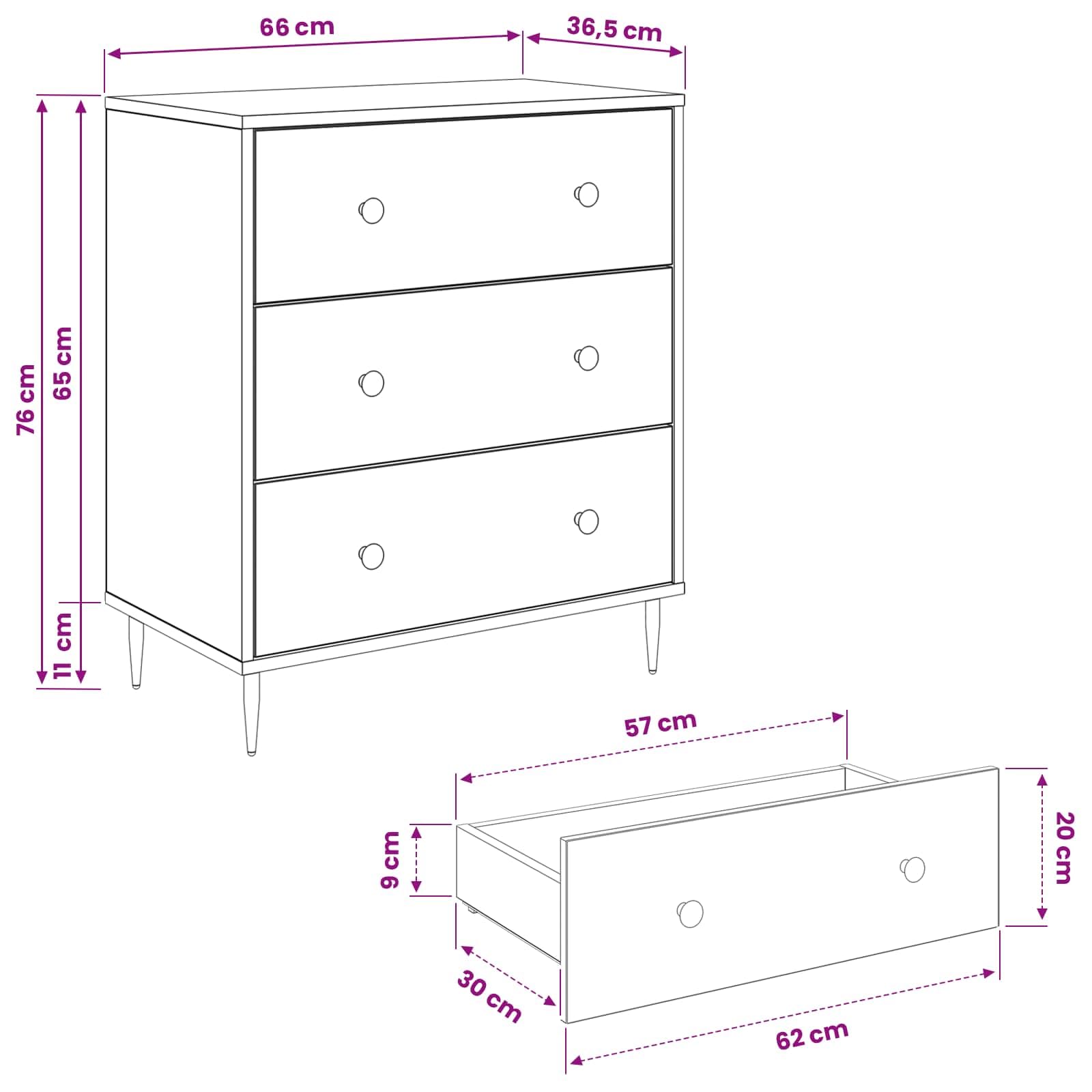Cassettiera Rovere Nero con 3 Cassetti 66x36,5x76 cm | Comò moderno con stampa a foglia per camera da letto o soggiorno, ideale per riporre documenti e accessori.