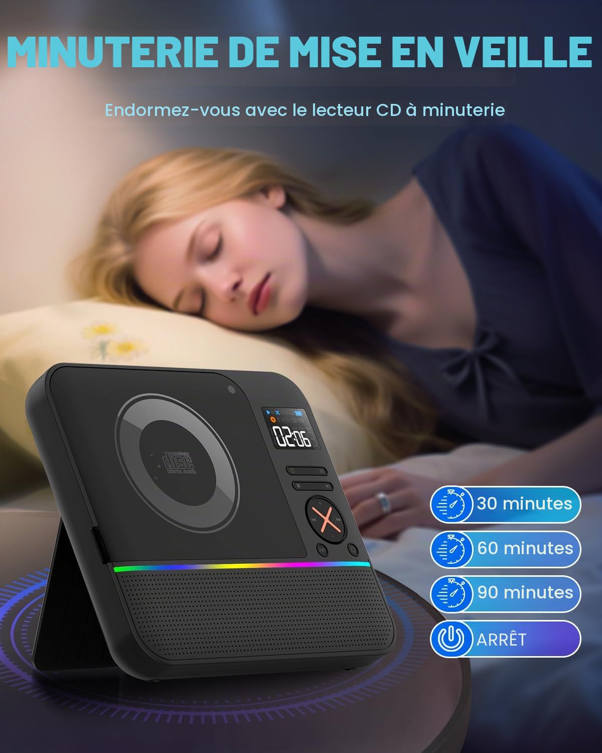 Lecteur CD Portable Bluetooth, Boombox Lecteur CD de Bureau avec Radio FM Bluetooth et écran LED RVB Double Haut-Parleur Intégré Compatible USB/AUX pour la Maison Lecteurs CD Portable