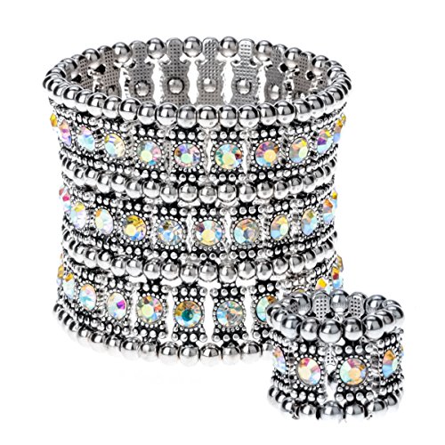 YACQ Women's Stretch Cuff Bracelet Ring Set - Fit Wrist Size 6-1/2 to 7-1/2 Inch & Finger 6-1/2 to 9 - Bracelet 2 Inch Wide - Lead & Nickle Free (Silver AB Bracelet Ring Set)