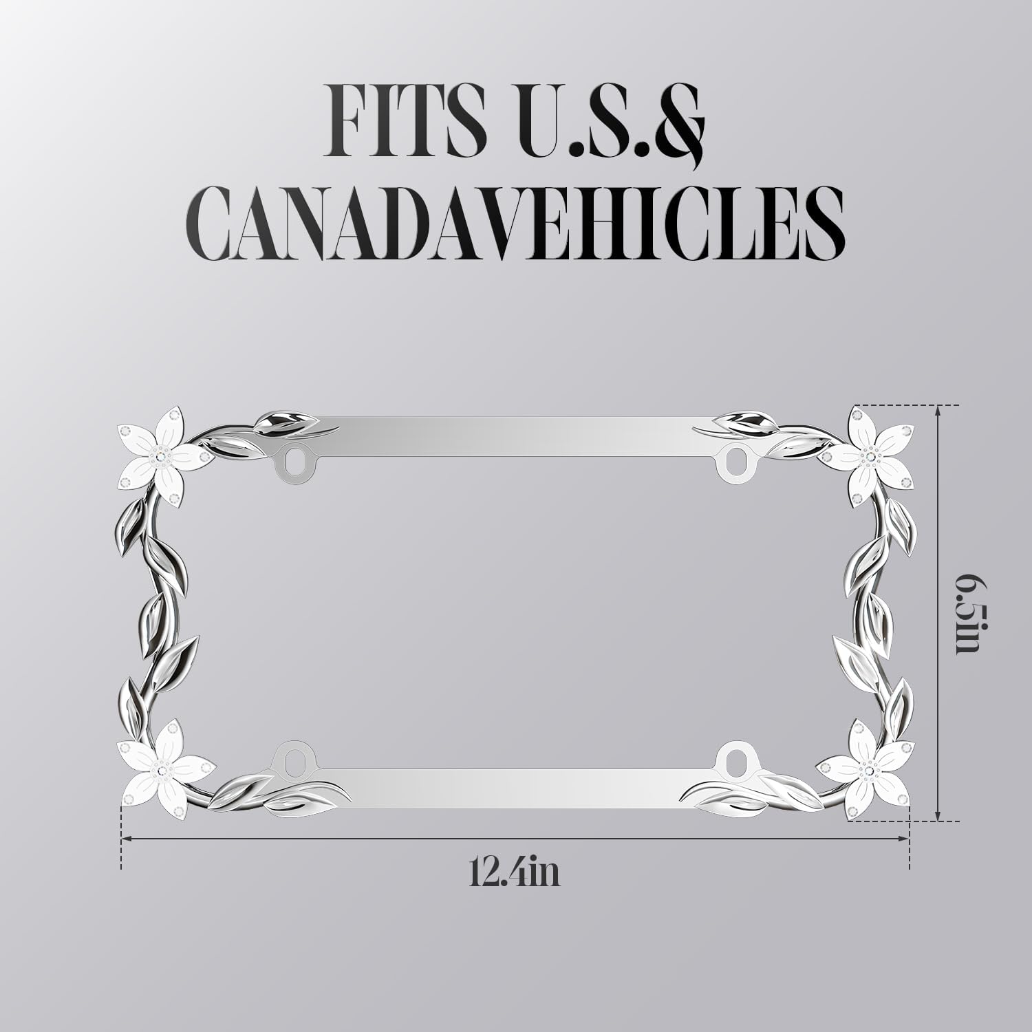 Flower Bling License Plate Frame Tag Holder Cover – Cute Girly Car Accessory for Women, 3D Shining Chrome Painted Zinc Alloy Metal, Trendy and Rust-Resistant Design, Fits US & Canada