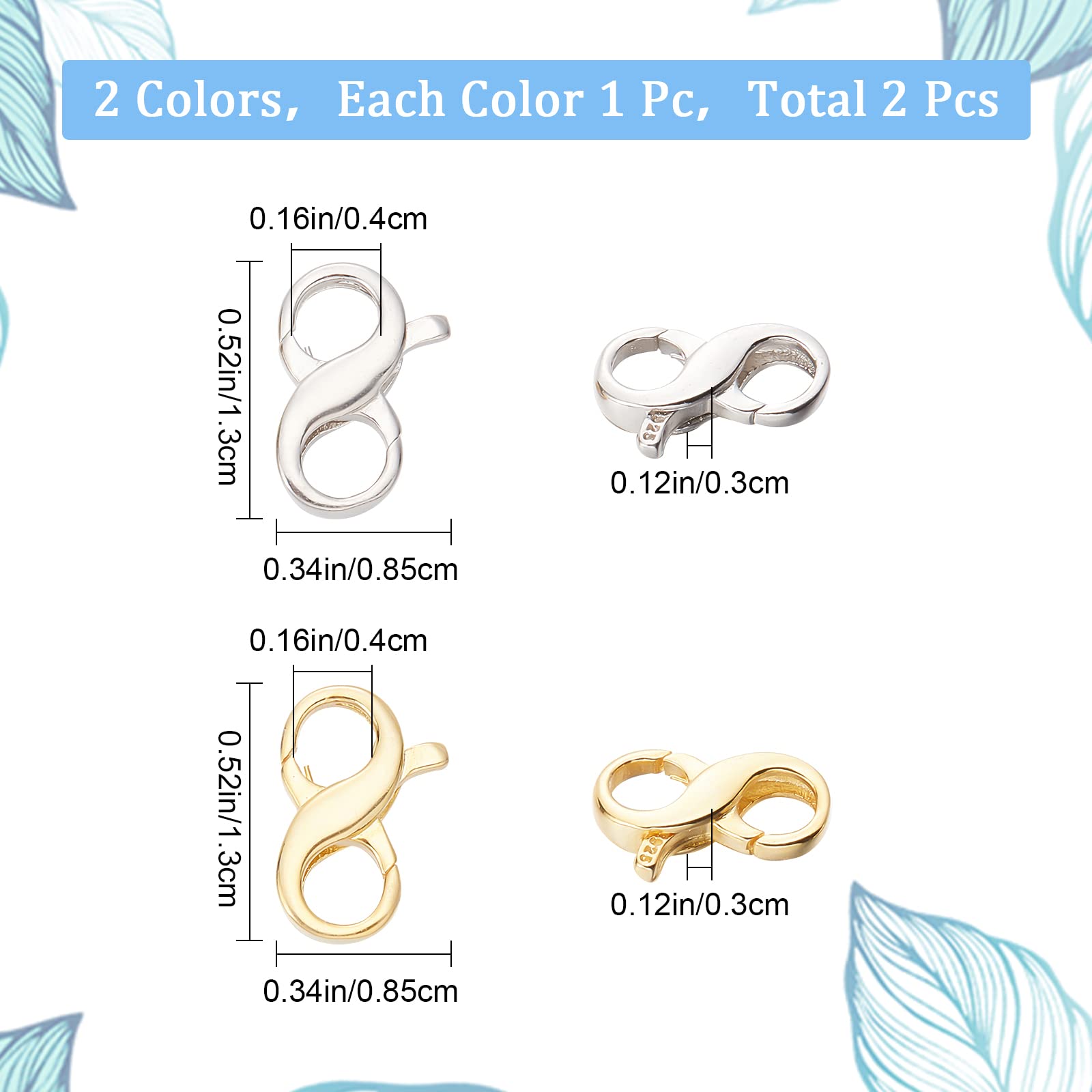 SUNNYCLUE Lot De 2 Fermoirs Homard Double 925 Argent Sterling – Fermoir Infini Numéro 8 Pour Bracelet Et Collier – Or & Argent