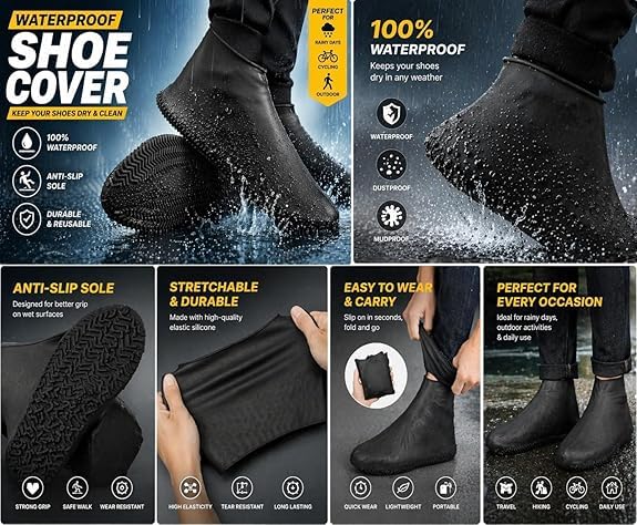 Image of Shoe Cover for Rain Waterproof, Silicone Shoe Covers Waterproof Reusable, Non Slip Rain Shoe Covers for Men Women Kids, Waterproof Shoe Covers for Rain (Black, Medium)